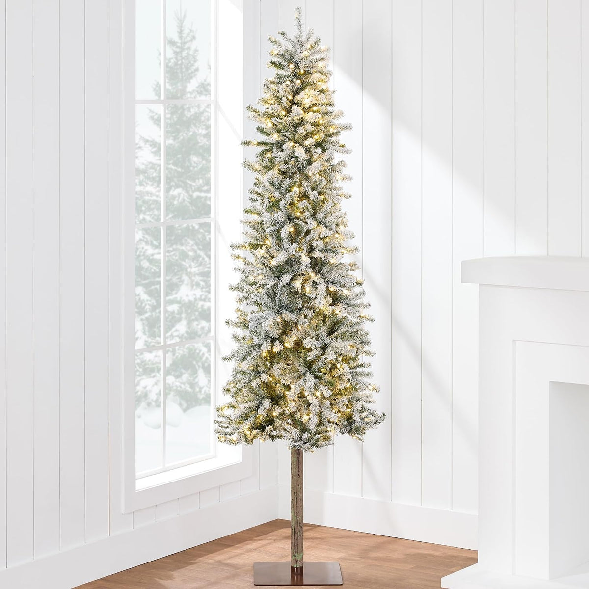 Flocked Pencil Christmas Tree 6Ft Pre-Lit Alpine Slim Holiday Decoration, Lighted Skinny Décor LED Lights, Metal Stand