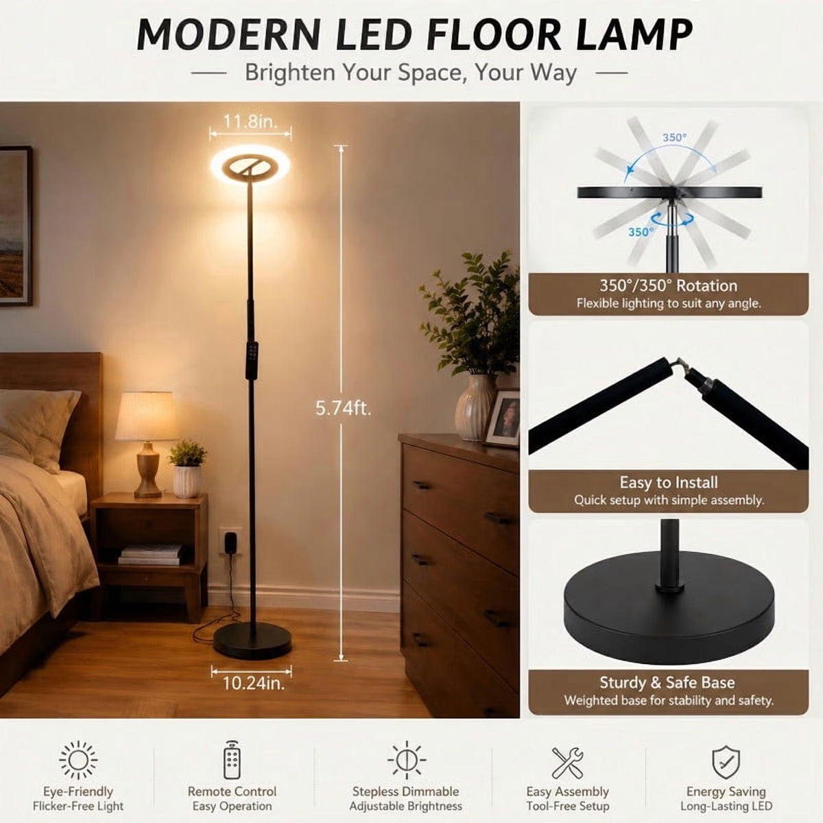 LED Floor Lamp, Rgbcw Color Changing Standing Lamp with Remote Control, Dimmable Brightness, Magnetic Remote Holder & Touch Control