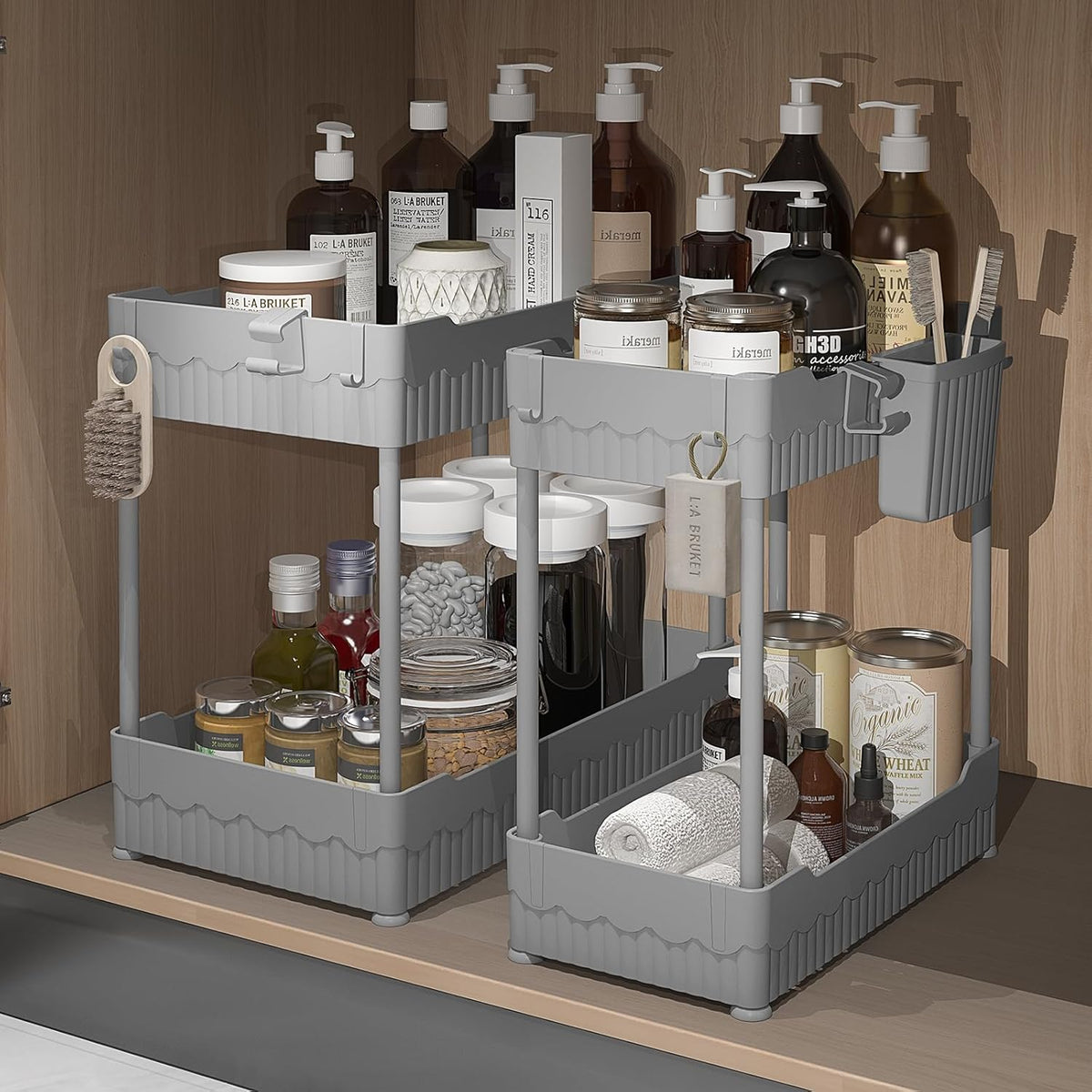 2-Pack under Sink Organizer with Hooks & Hanging Cup for Kitchen