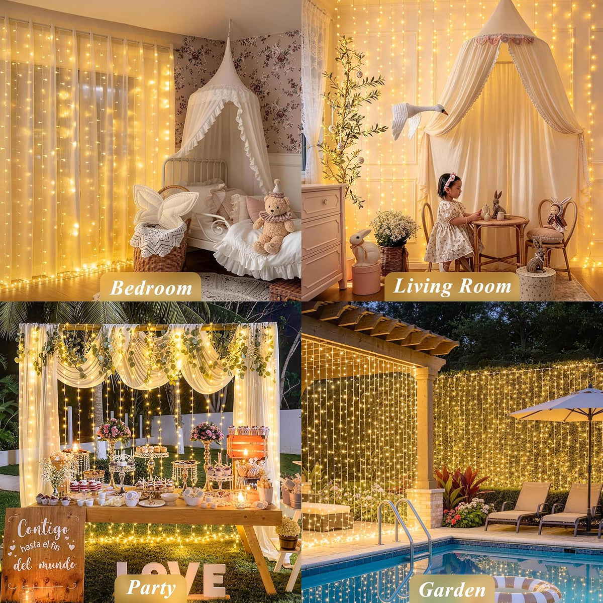 USB Plug in Curtain Lights 200 LED with 8 Modes, 6.5Ftx6.5Ft