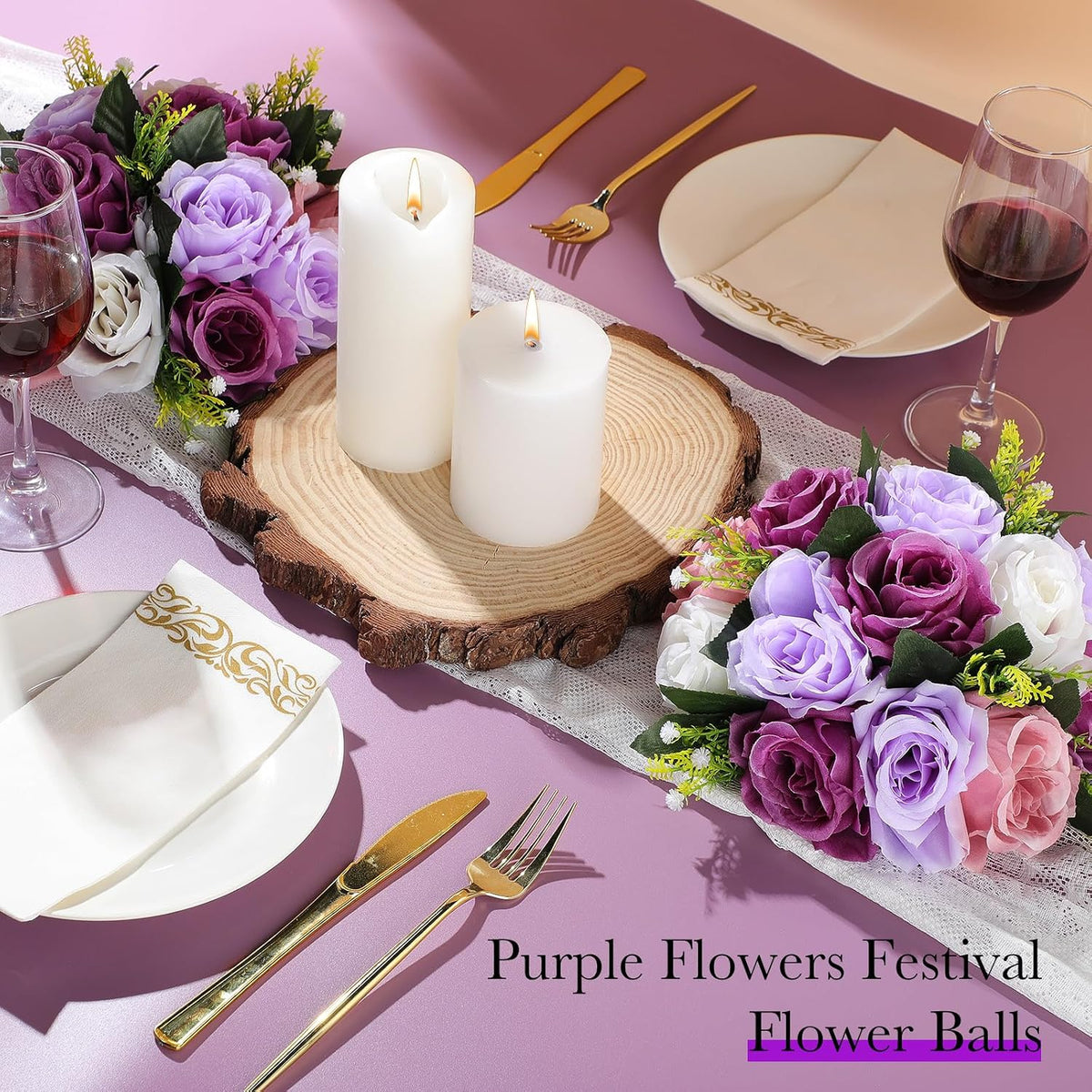 24 Pcs Silk Rose Flower Balls,Fantasy Violet