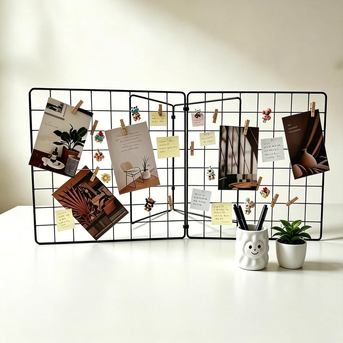 Foldable Desktop Photo Display Rack & Grid Display Board, Fold Flat for Easy Storage with 20 Wooden Clips – Photo, Accessory & Handcraft Display Organizer for Home Office Black
