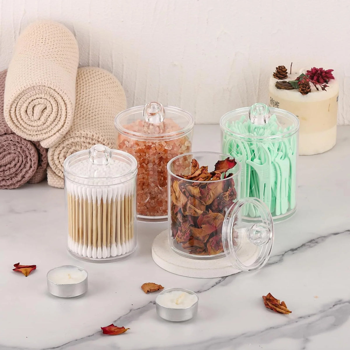 4 Pack Qtip Holder Dispenser for Cotton Ball,Cotton Swab,Cotton round Pads,Floss Picks - Small Clear Plastic Apothecary Jar Set for Bathroom Canister Storage Organization,Vanity Makeup Organizer