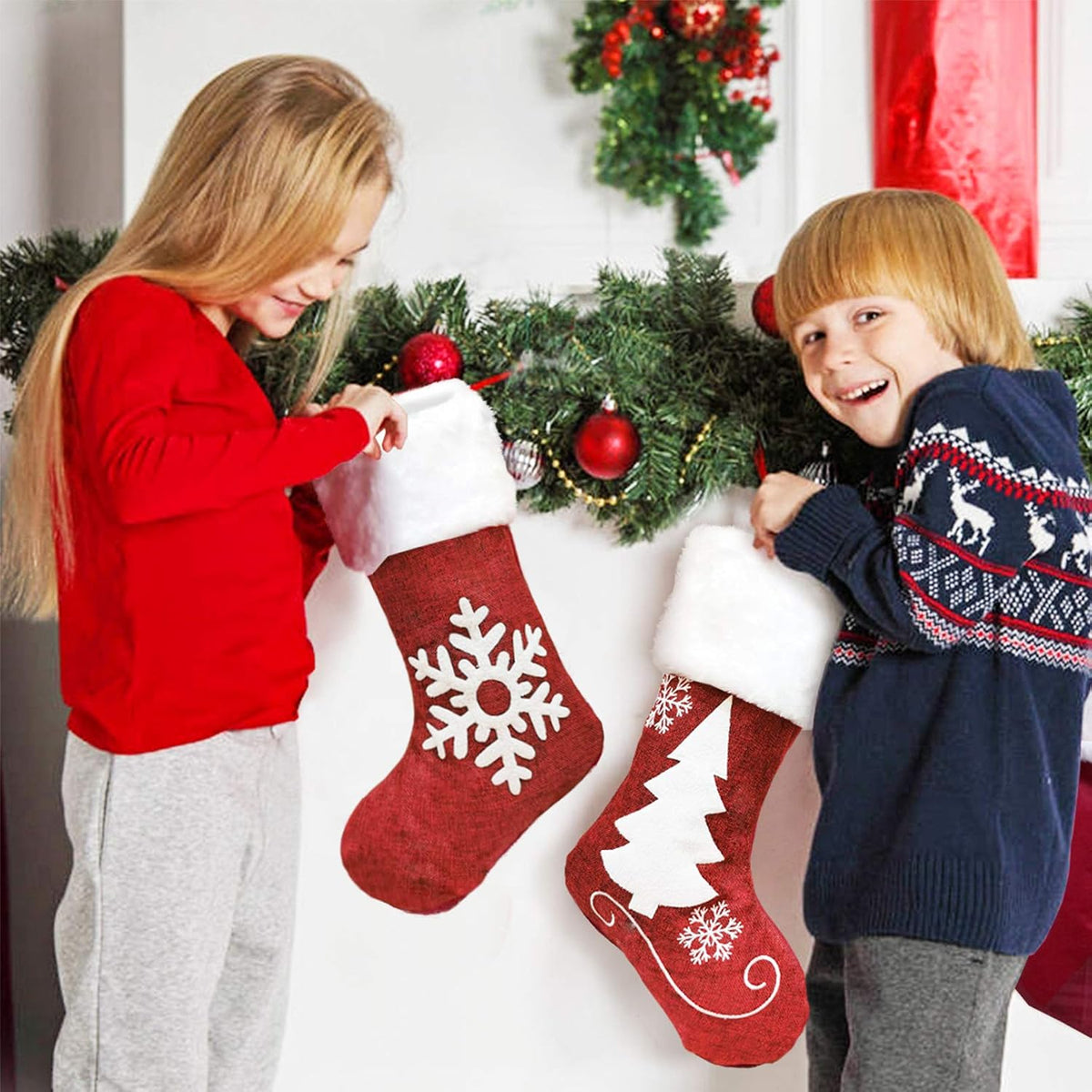 Christmas Stockings, 2 Pcs 18 Inches Christmas Stockings, Burlap with Large Plush Cuff Stockings, for Family Holiday Xmas Party Decorations (Red-Snowflake and Tree)