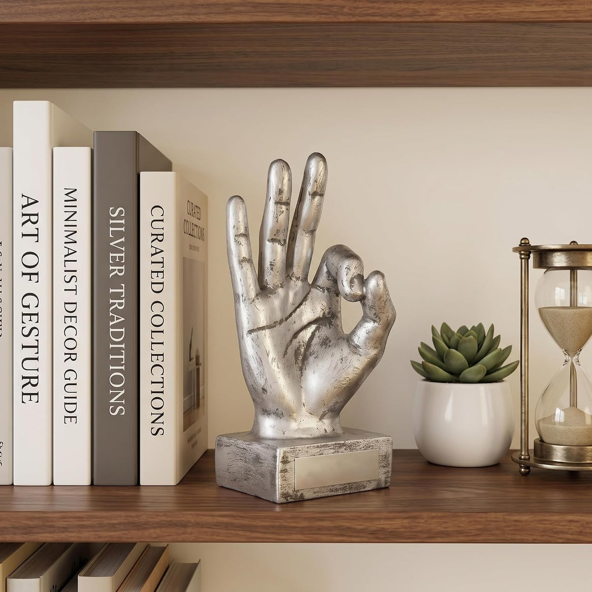 Hand Finger Gesture Desk Statues Fingers Sculpture Creative Home Living Room Cabinet Shelf Decoration (OK Gesture in Silver)