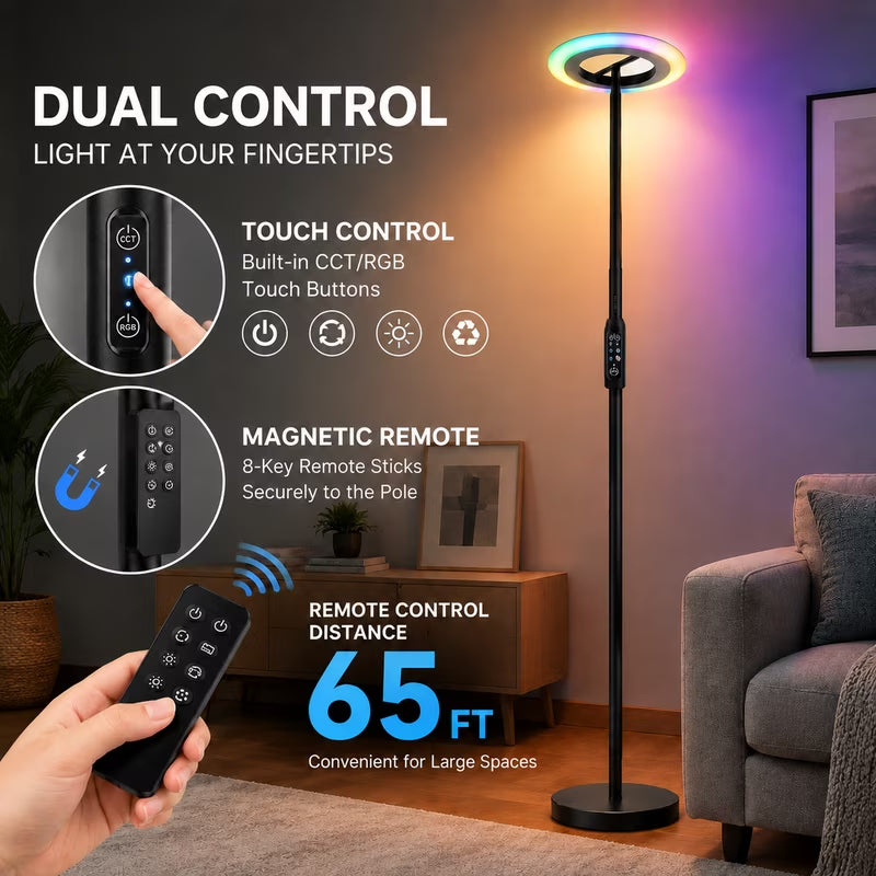 LED Floor Lamp, Rgbcw Color Changing Standing Lamp with Remote Control, Dimmable Brightness, Magnetic Remote Holder & Touch Control