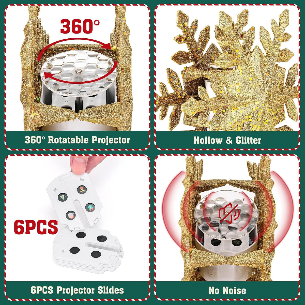 Christmas Tree Topper Lighted with 6 Projection Slides, Snowflake Christmas Tree Topper LED Rotating 3D Lighted Tree Toppers Glitter Tree Topper Projector for Christmas Tree(Gold)