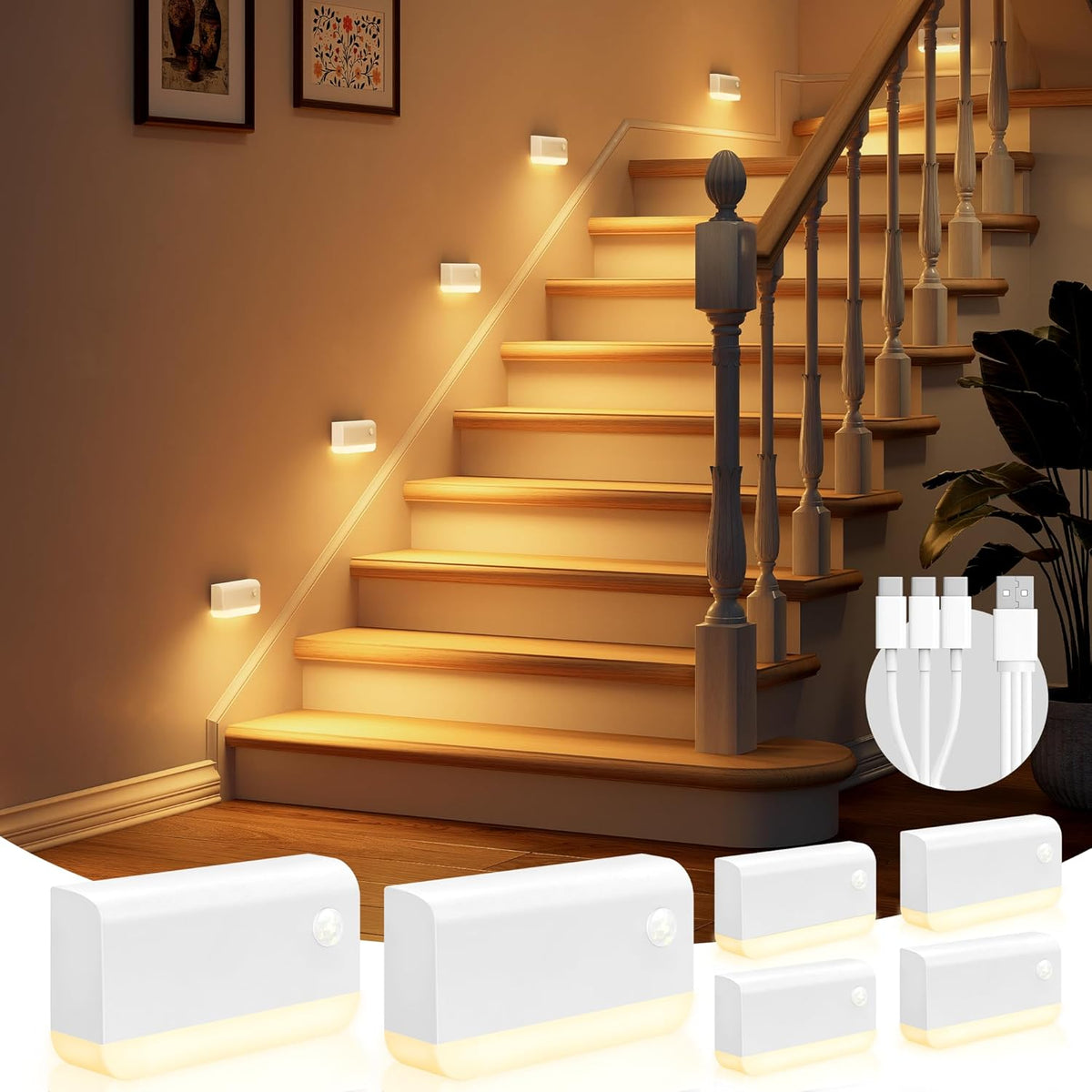 Motion Sensor Rechargeable Night Lights, 3 Modes 3CCT 6Pack,White