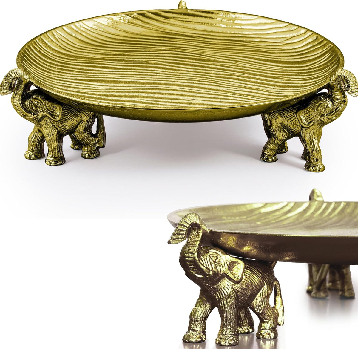 Antique Gold Tray with Elephant Stand - round Coffee Table Centerpiece