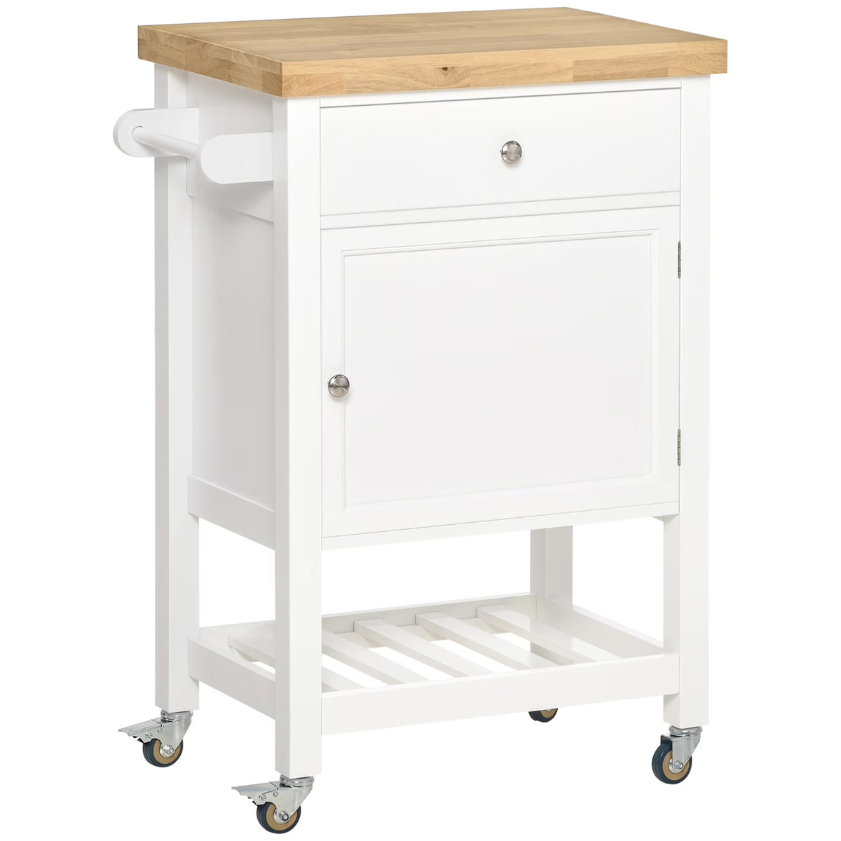 Utility Kitchen Cart, Rolling Kitchen Island with Smooth Rubberwood Top, Narrow Butcher Block Surface on Wheels with Storage Drawer & Cabinet, White