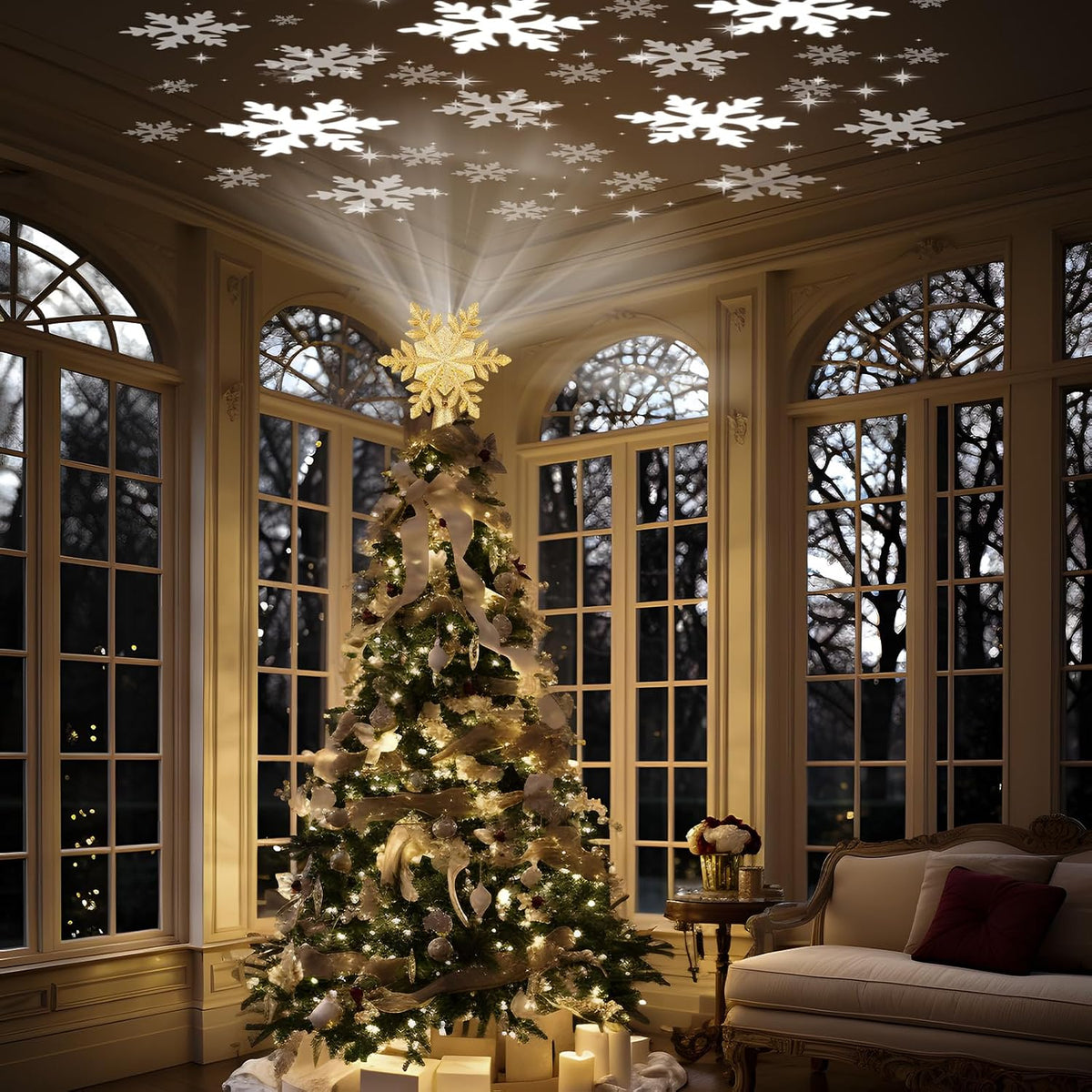 Christmas Tree Topper Lighted with 6 Projection Slides, Snowflake Christmas Tree Topper LED Rotating 3D Lighted Tree Toppers Glitter Tree Topper Projector for Christmas Tree(Gold)