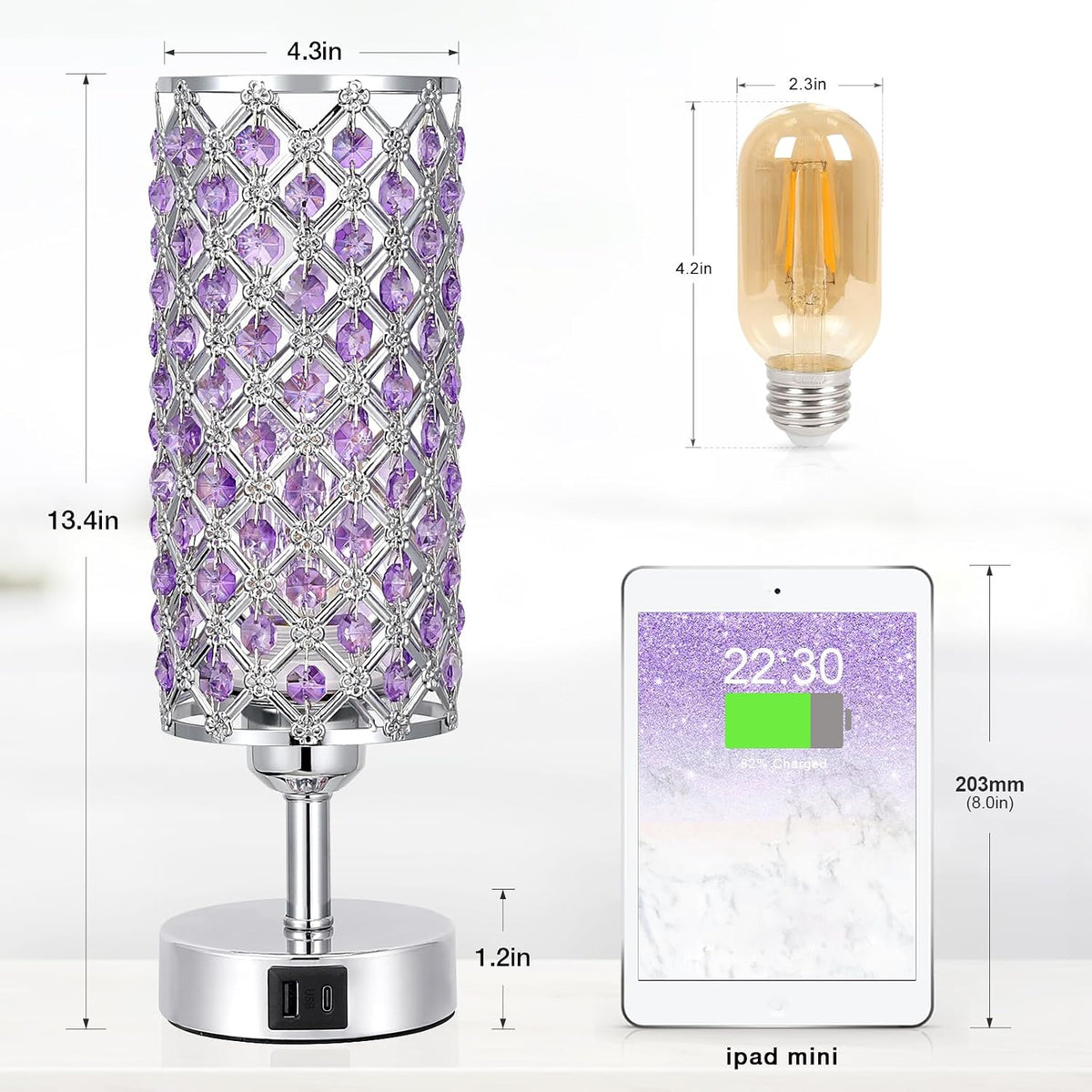 Purple Crystal Table Lamp with USB C+A 3-Way Dimmable Bedside Lamp