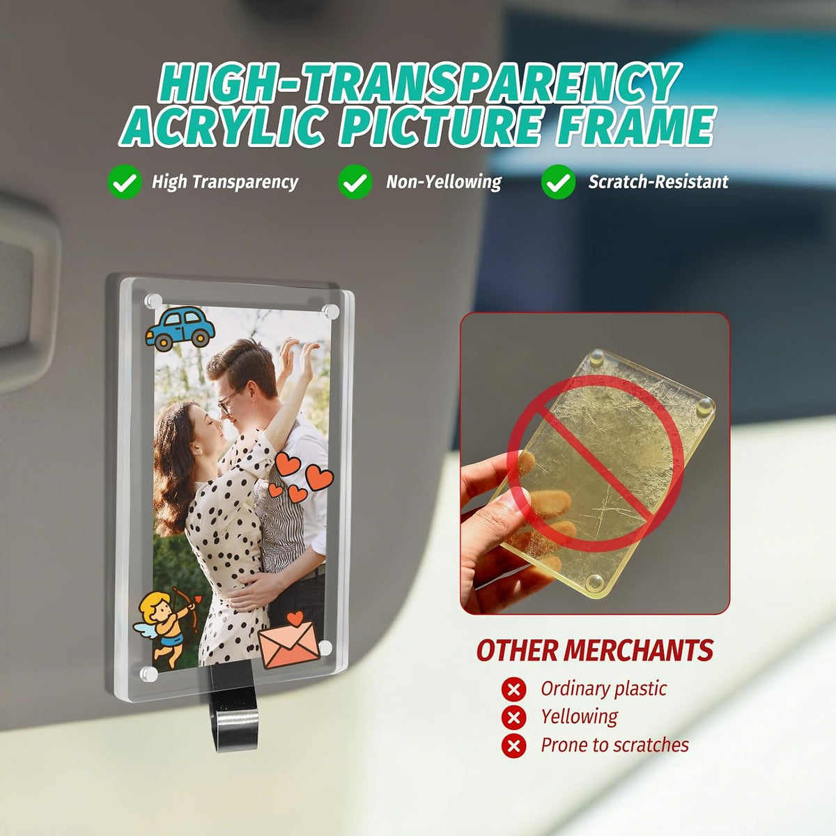 2Pcs Car Picture Holder for Sun Visor,Clear Acrylic & Strong Magnetic Car Visor Photo Clip with Safe Driving &Guardian Icons Stickers, Cute Car Accessories,Gift for Family & Friends (2.4X3.5)