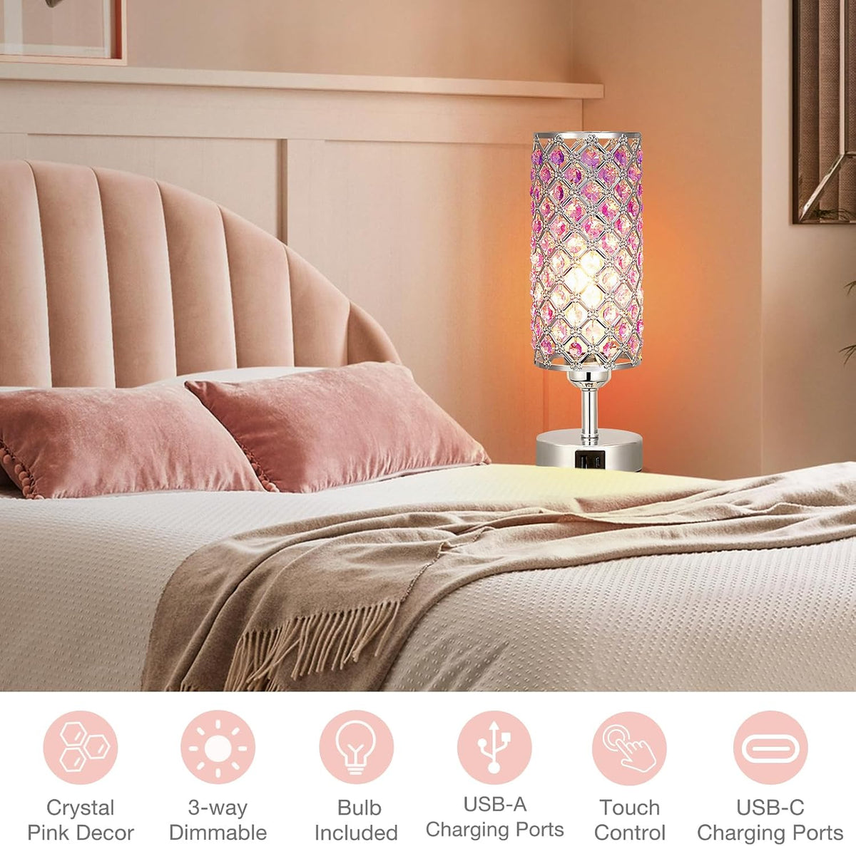 Purple Crystal Table Lamp with USB C+A 3-Way Dimmable Bedside Lamp