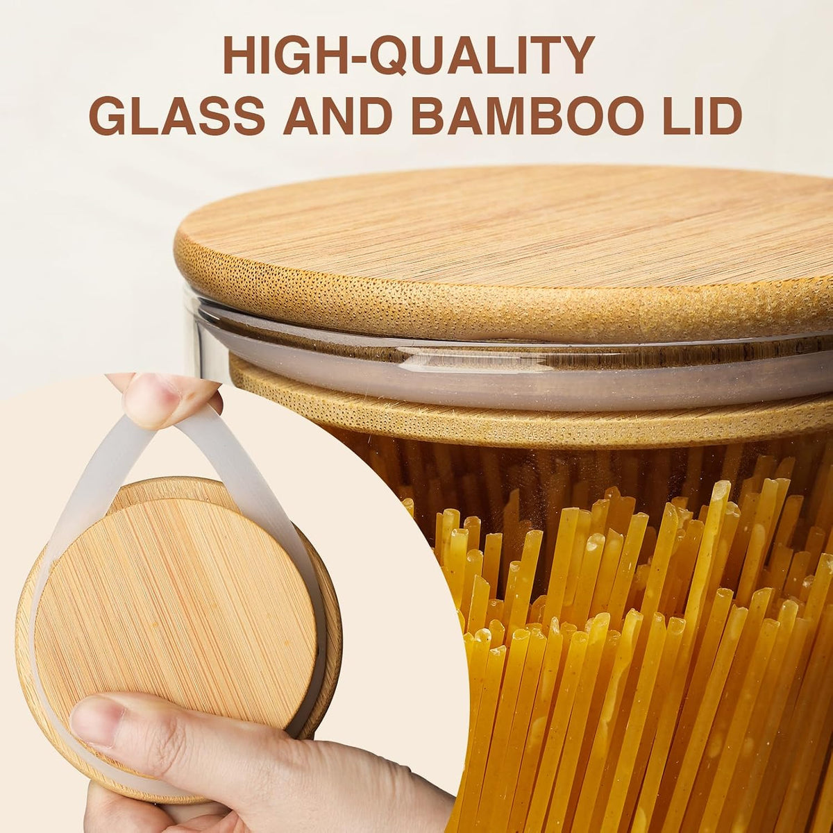 73Oz Glass Pasta Storage Jars, Tall Glass Jars with Bamboo Lids, Spaghetti Container, Set of 3, Kitchen Storage Containers for Pasta, Pantry Organizers