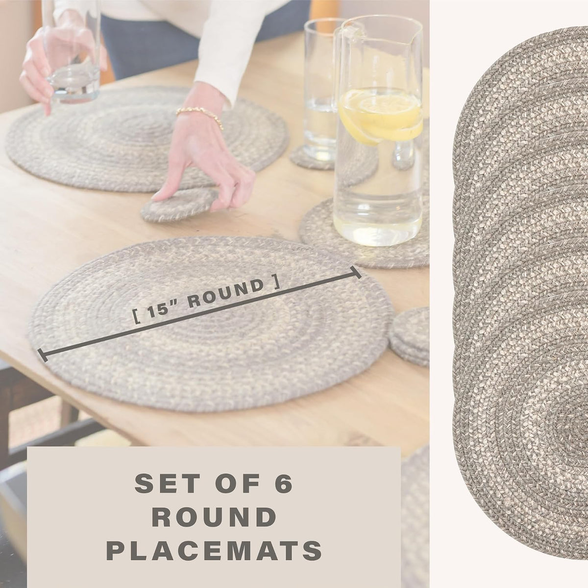 Grey Cloud Jute Braided Placemats, round 15" Set of 6