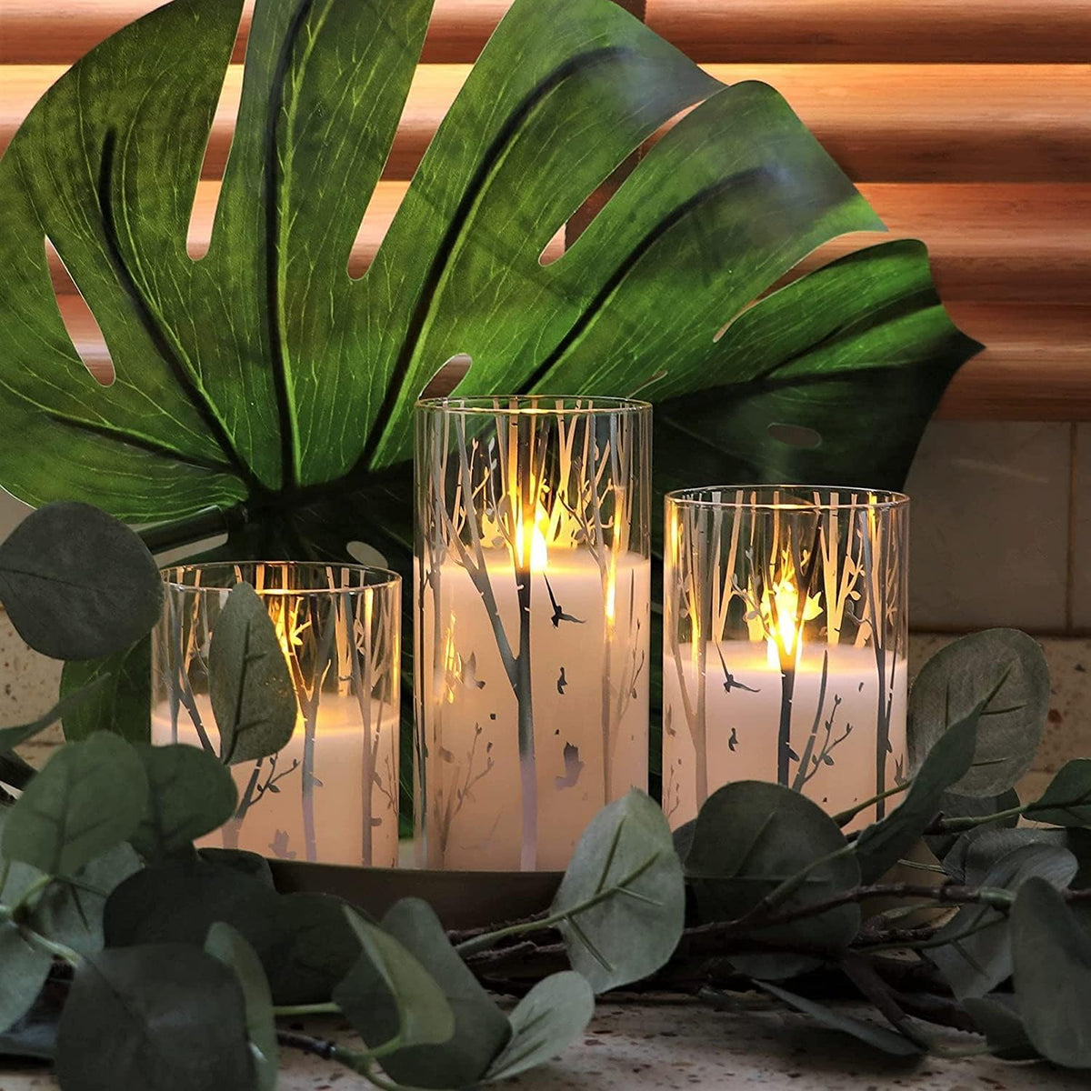Birch Design Glass LED Candles with 6H Timer Function, Set of 3