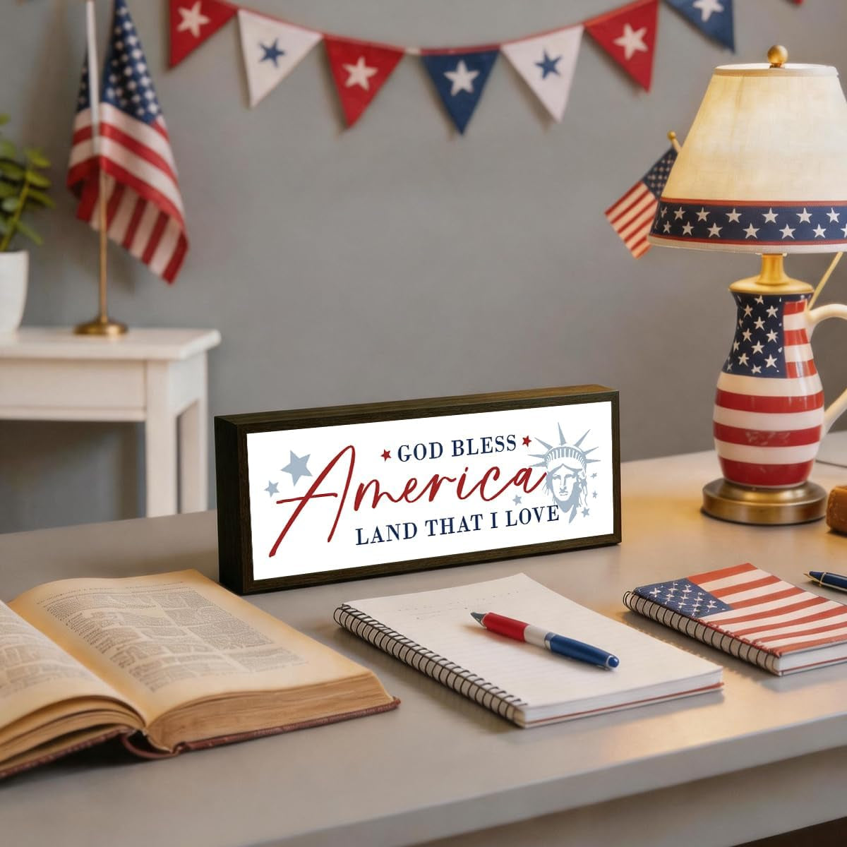 4Th of July Wooden Sign, God Bless America Land That I Love, Patriotic Home Decor Sign with Statue of Liberty, Independence Day Memorial Day Shelf Table Tiered Tray Display, 9.5X3.1 Inches