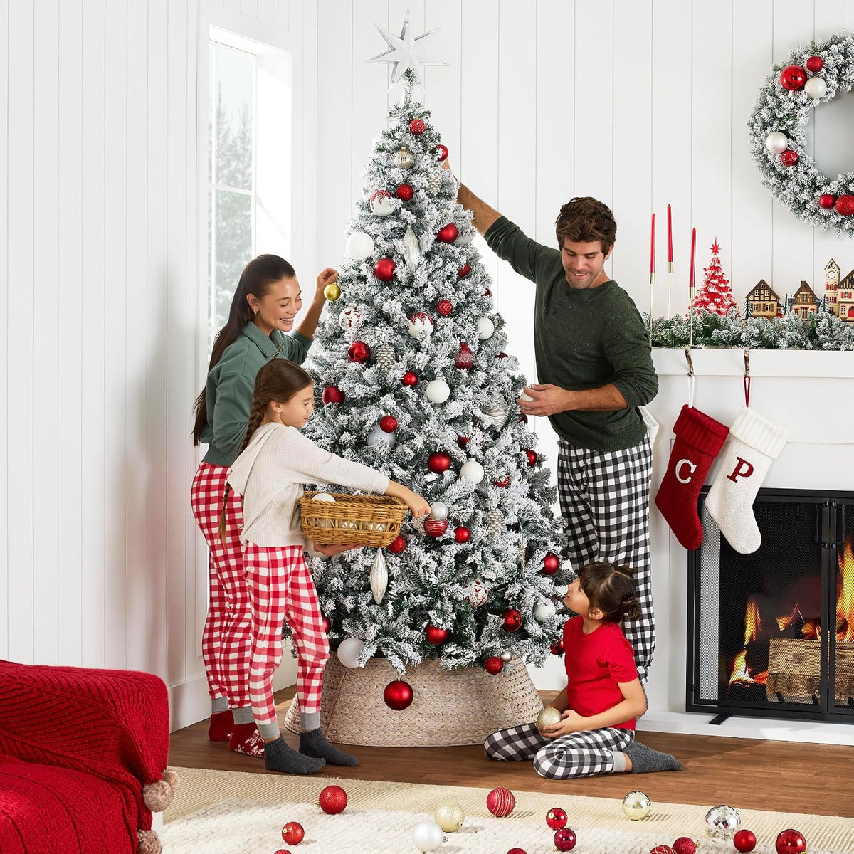 Artificial Flocked Christmas Tree, 6Ft Premium Unlit Pine Holiday Décor W/Full Branches, Metal Stand - Green