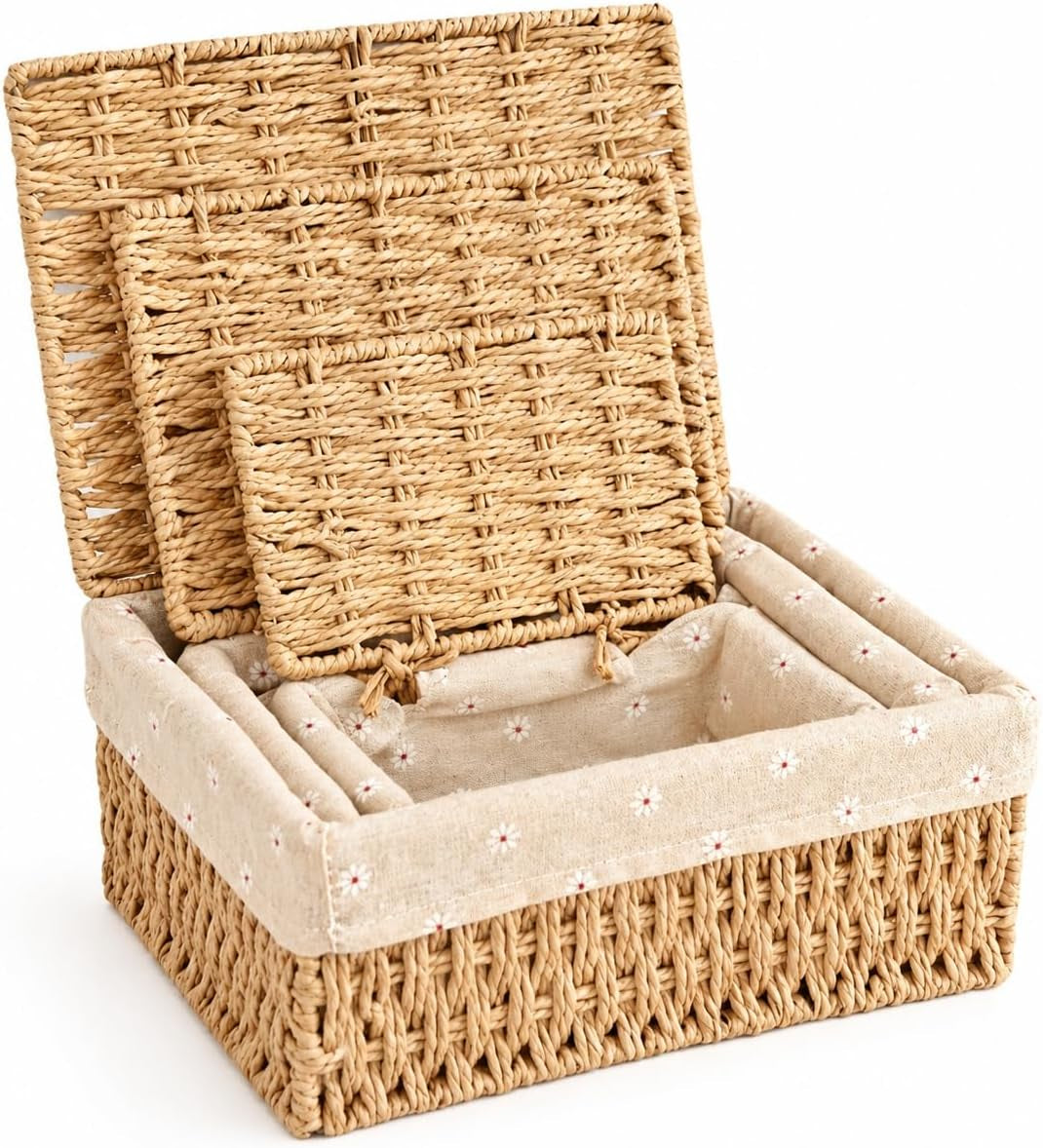 1PC Woven Storage Basket with Lid for Closet Shelf-Khaki Small