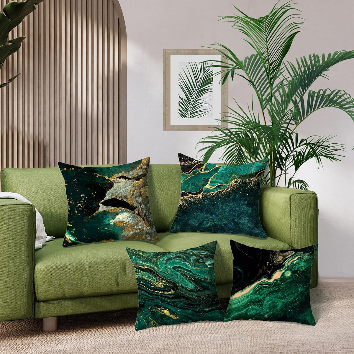 Emerald Green and Gold Marble Throw Pillow Covers 18X18 Set of 4