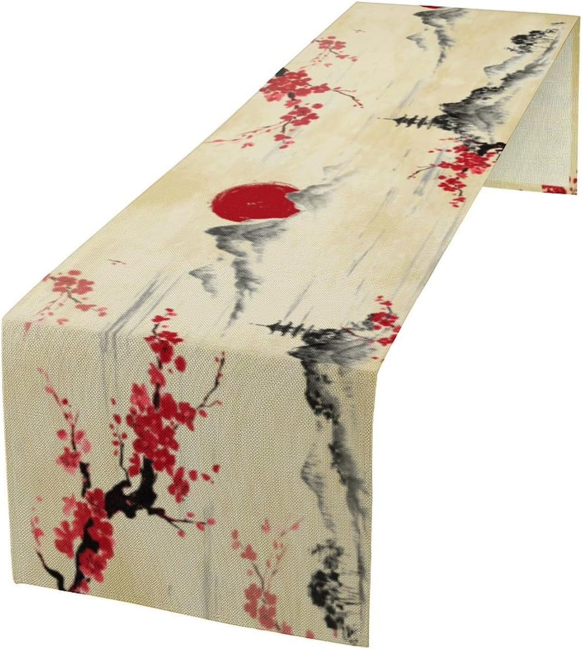 Japanese Table Runner, Cherry Blossom Asian Nature Landscape Aesthetic Kitchen Dining Table Runners for Indoor Outdoor Home Party Holiday Decor 13X36Inch