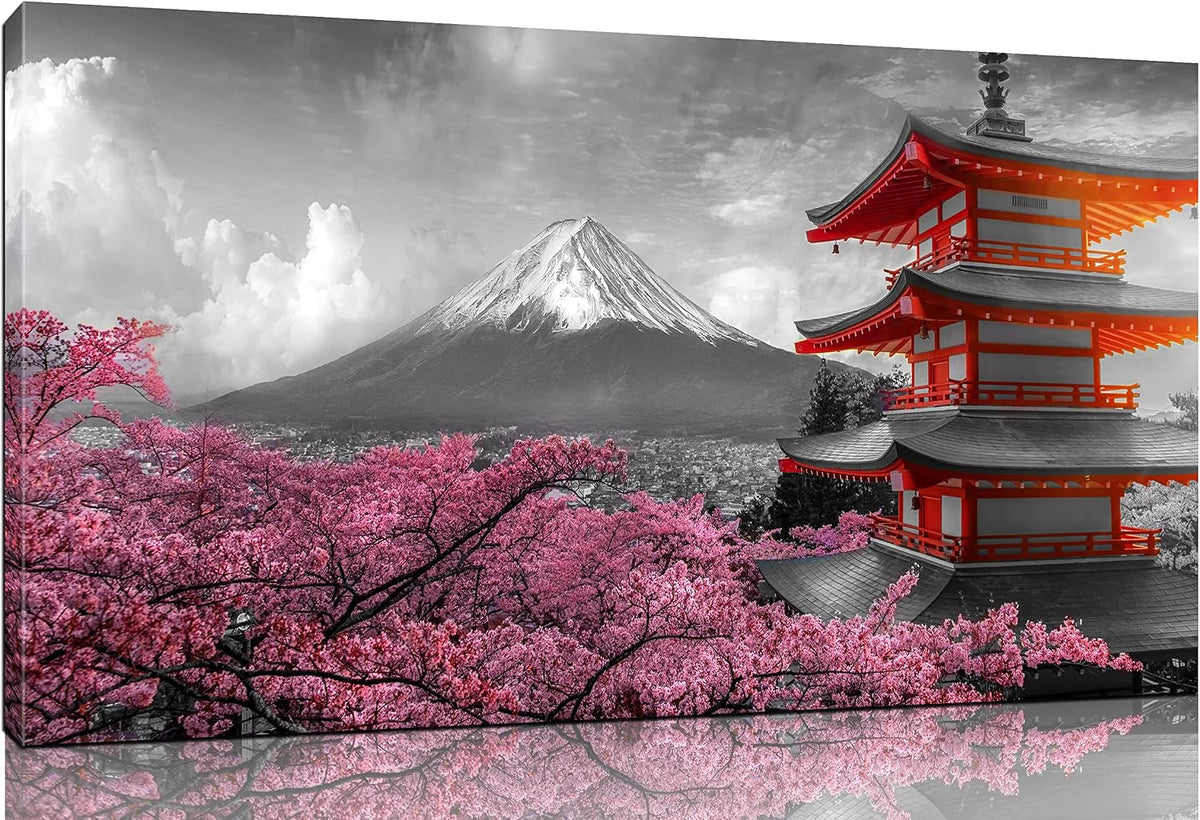 Cherry Blossom Wall-Art for Living Room Large Size - Pink Wall Art Bedroom - Japanese Wall Art Mount Fuji Pictures Poster Ready to Hang Size 59" X 29"