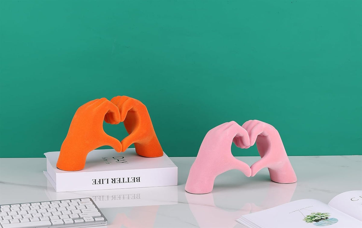 Pink Hand Sculpture Home Accent, Romantic Heart Hand Statue Love Sign, for Wedding Table, Small Decor Item for Shelf, Anniversary Couple Figurine