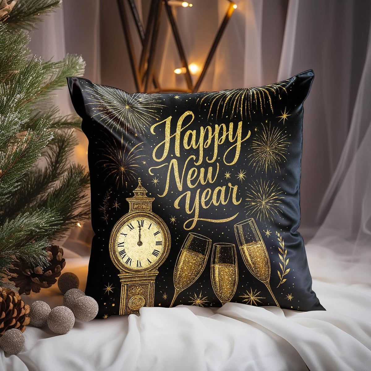Set of 2 Happy New Year Throw Pillow Covers 18X18 Inch Soft Decorative Gold Black Celebration Cushion Covers Rustic Farmhouse Holiday Winter Pillow Cases for Sofa Couch Bed Home Decor