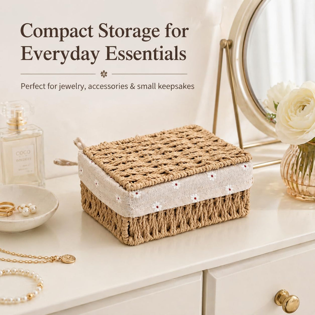1PC Woven Storage Basket with Lid for Closet Shelf-Khaki Small