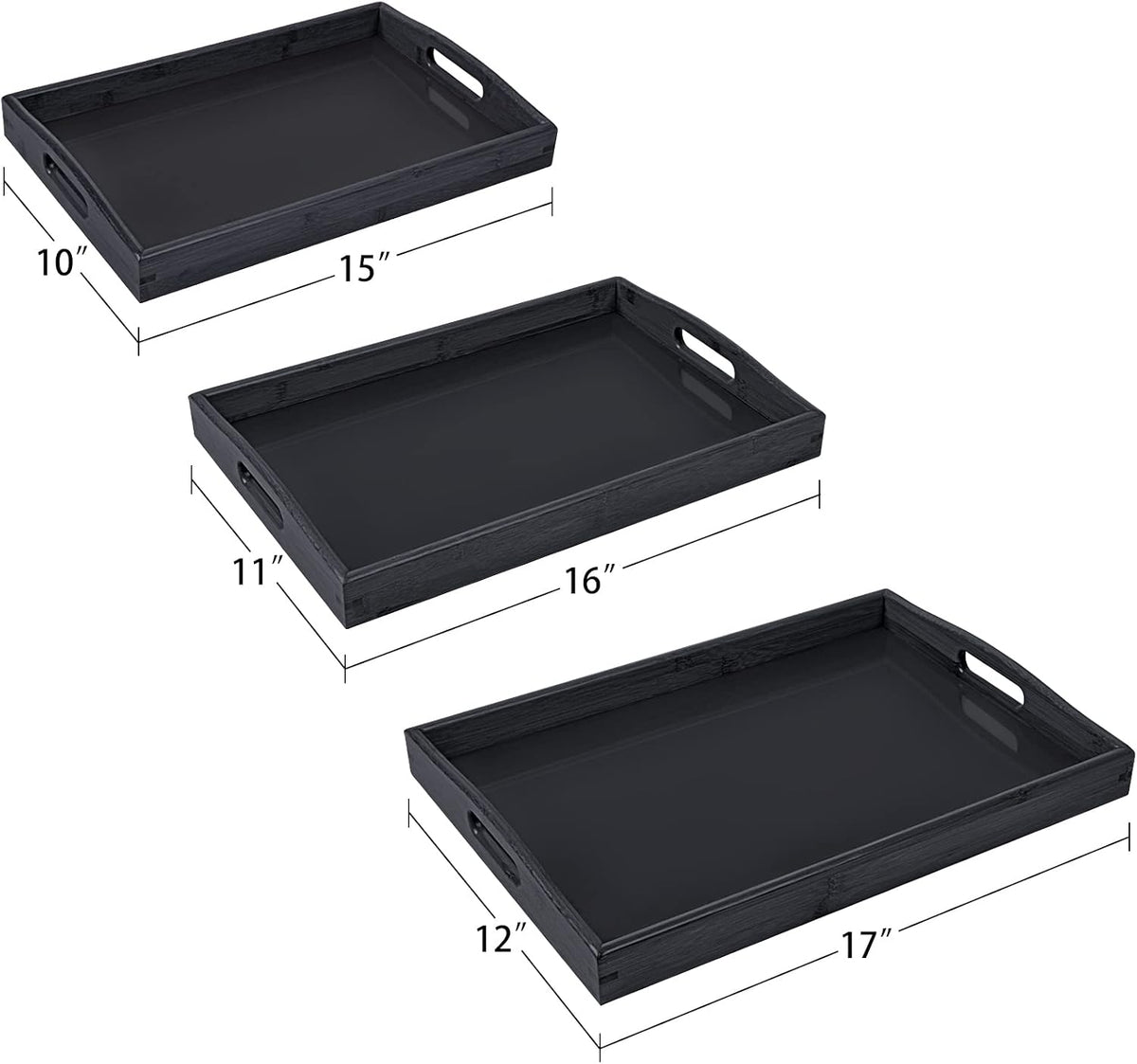 3 Pack Bamboo Serving Trays with Handles, Wooden Food Trays (Black