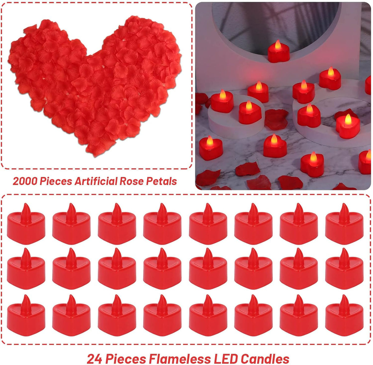 Rose Petals for Romantic Night - Artificial Red Rose Petals with LED Candles for Decoration, Wedding, Valentine'S Day