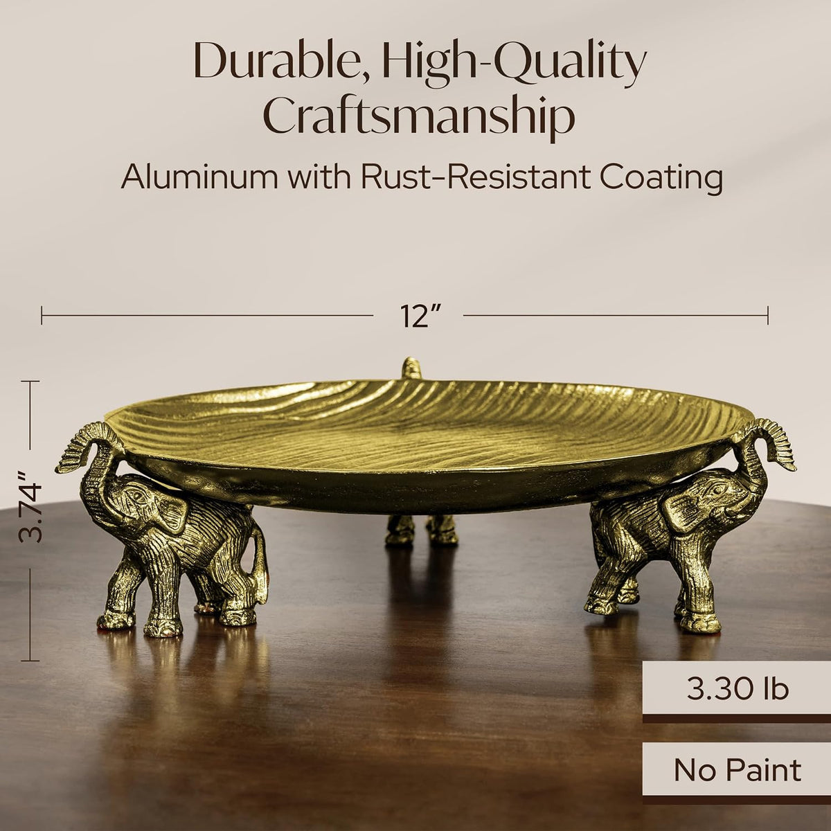 Antique Gold Tray with Elephant Stand - round Coffee Table Centerpiece