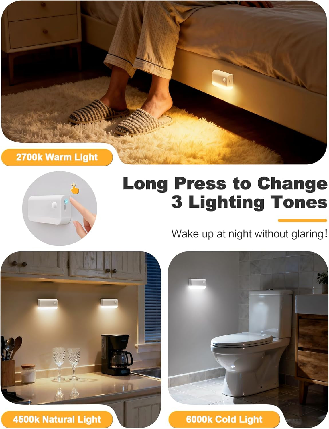 Motion Sensor Rechargeable Night Lights, 3 Modes 3CCT 6Pack,White