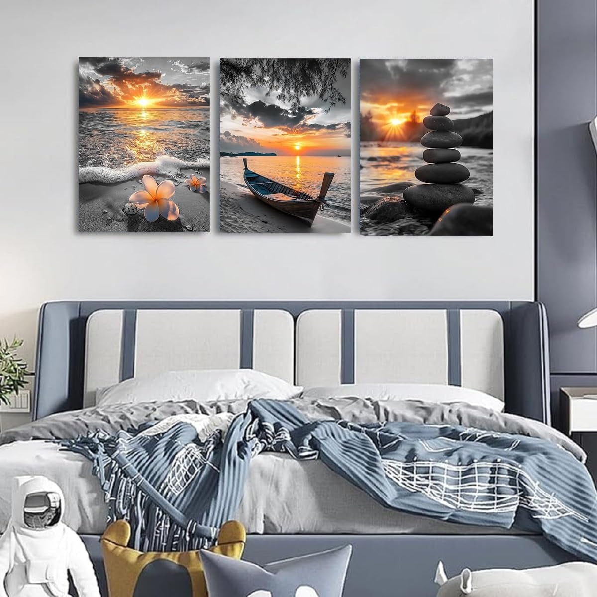 Black and White Gold Beach Wall Art Ocean Poster Coastal Canvas Print Sea Pictures Sunrise Sunset Painting Framed Office Artwork for Bathroom Wall Decor Bedroom Living Room Home Décor