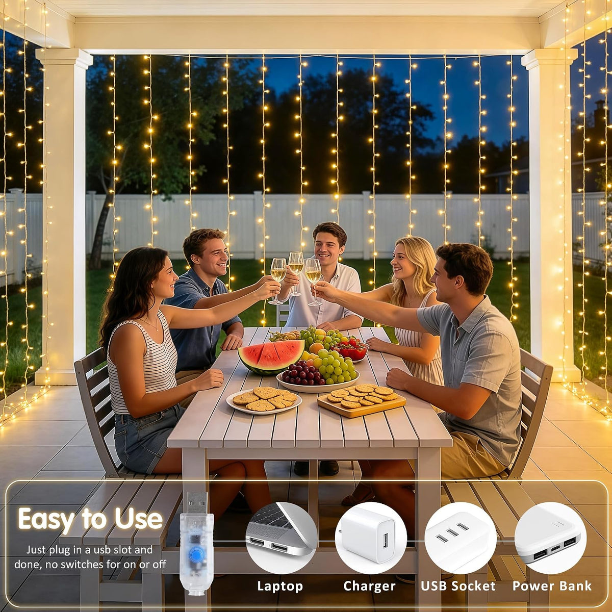 USB Plug in Curtain Lights 200 LED with 8 Modes, 6.5Ftx6.5Ft