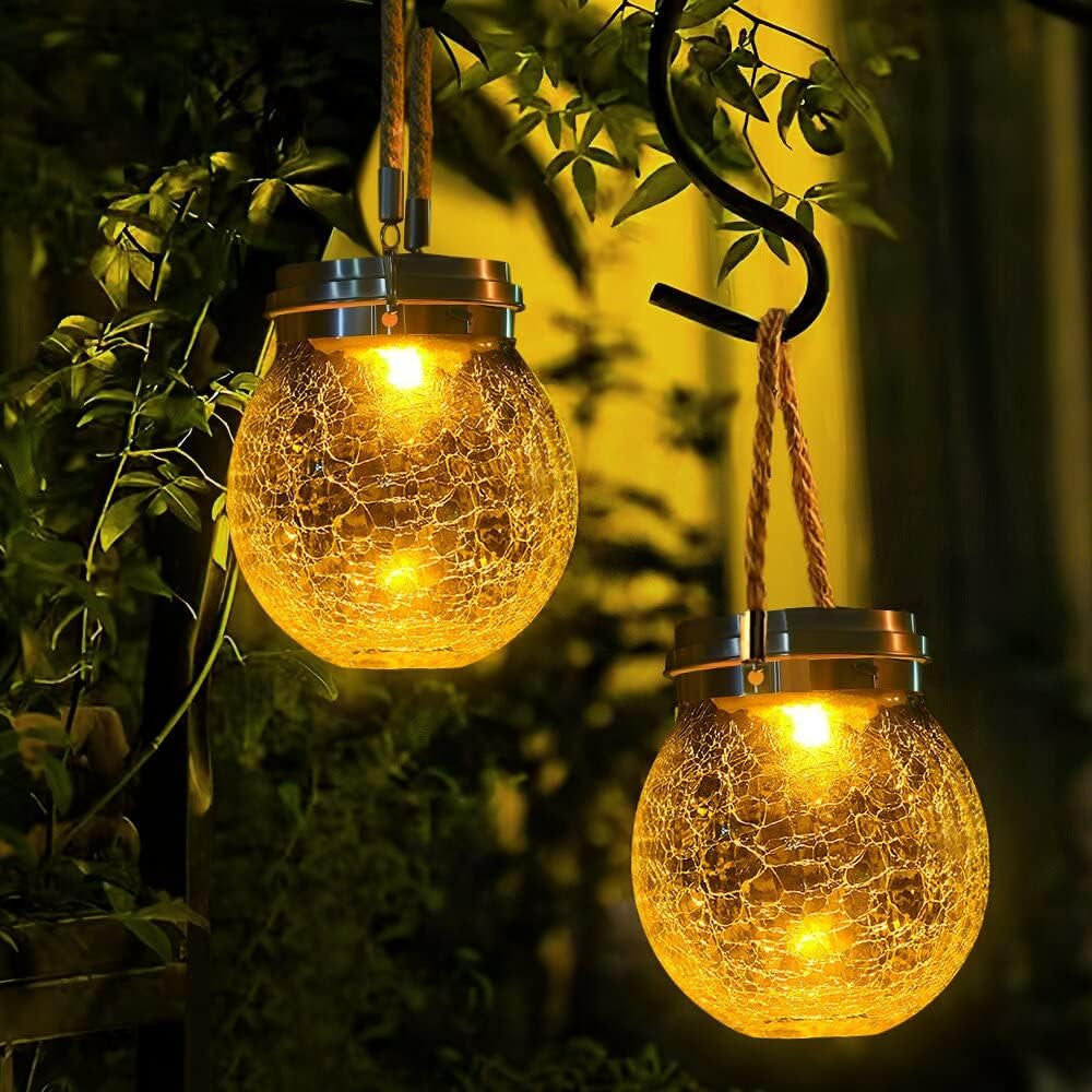 Solar Lanterns Outdoor Waterproof, 4 Pack Hanging Solar Lights Outdoor Garden Decor, Amber Warm & RGB LED Globe Cracked Glass Ball Lantern for Yard Tree Fence Patio Porch Events Deck Pathway