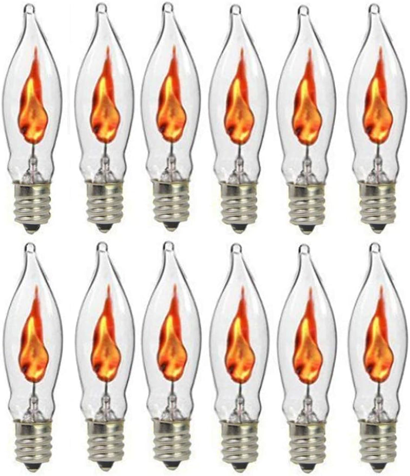 12 Pack Christmas Flicker Flame Light Bulbs, Crystal Clear Chandelier Flickering E12 Candelabra Base Replacement Bulbs for Electric Window Candles Indoor Outdoor String Light, 1 Watt, 120 Volts