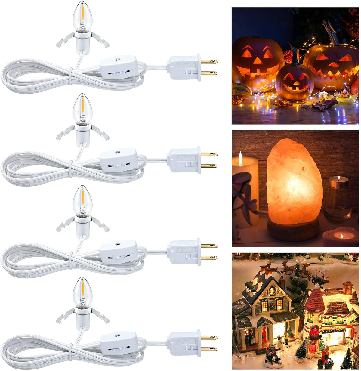 Accessory Cord with One LED Light Bulb - 6Ft Ul-Listed Cord with On/Off Switch, C7 LED Bulb for Christmas Village House Halloween Pumpkin Blow Mold, Ceramic Tree, Salt Lamp, Craft Project, 4 Pack