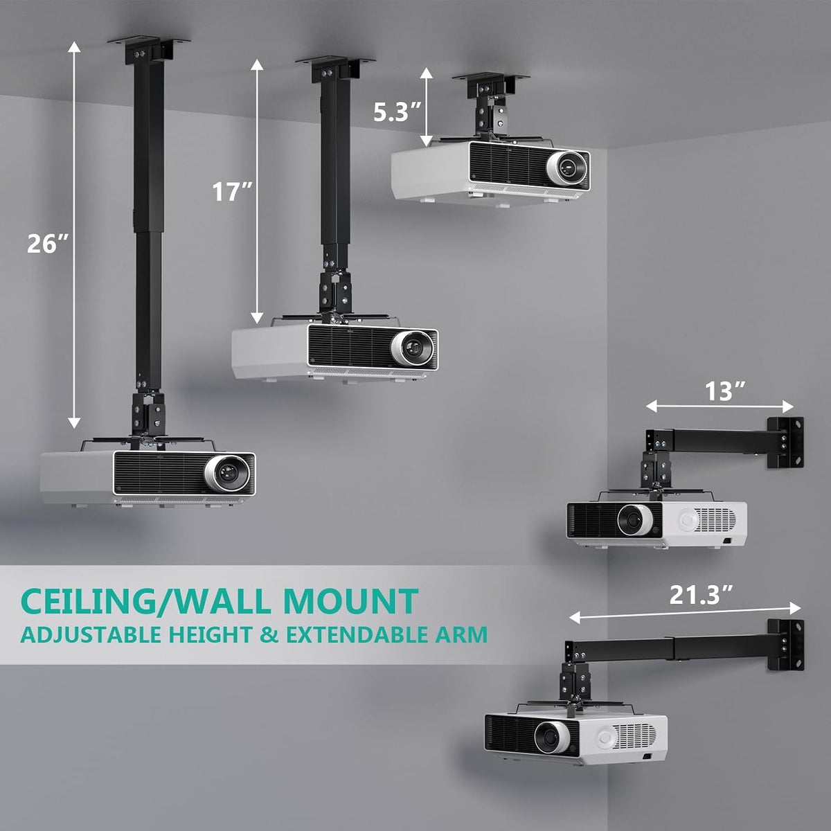 Projector Mount Ceiling/Wall - Universal 3-In-1 Bracket with Extension Pole, Height Adjustable Holder for LCD/DLP Projectors, Supports up to 44Lbs (PM-003-B), Black