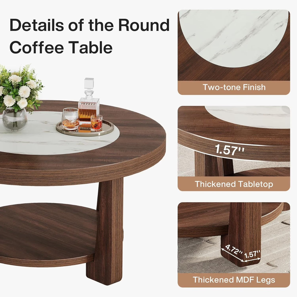 Coffee Table, 2-Tier round Coffee Tablefor Living Room, Industrial Circle Wood Accent Center Table with Heavy-Duty Wood Tabletop and Storage, Brown and White