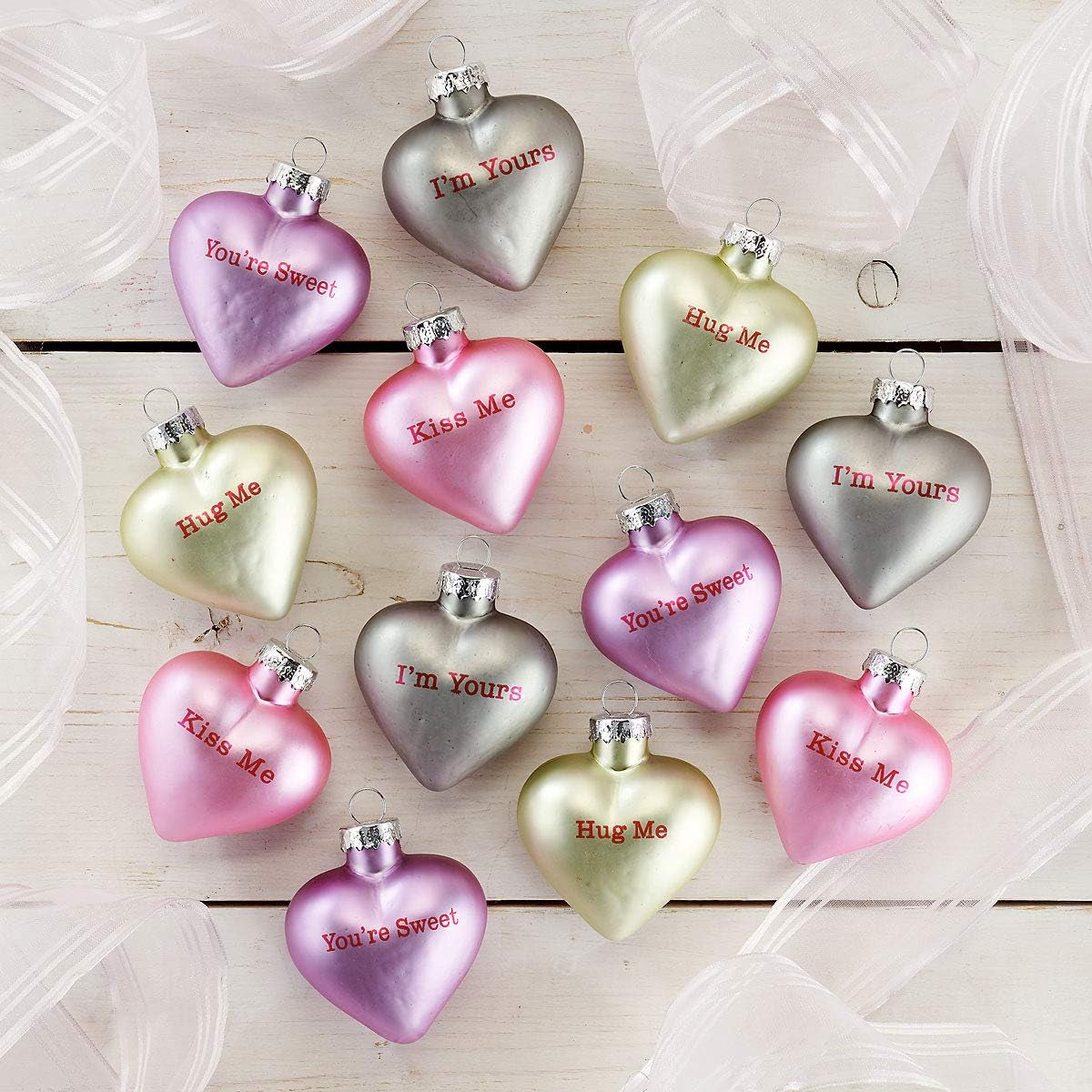 Pastel Candy Conversation Hearts Valentines Ornaments - 12-Piece Assortment, Blown Glass, Handcrafted Hanging Tree Decorations, Pastel Heart Holiday & Party Decor, 2.5 in Tall