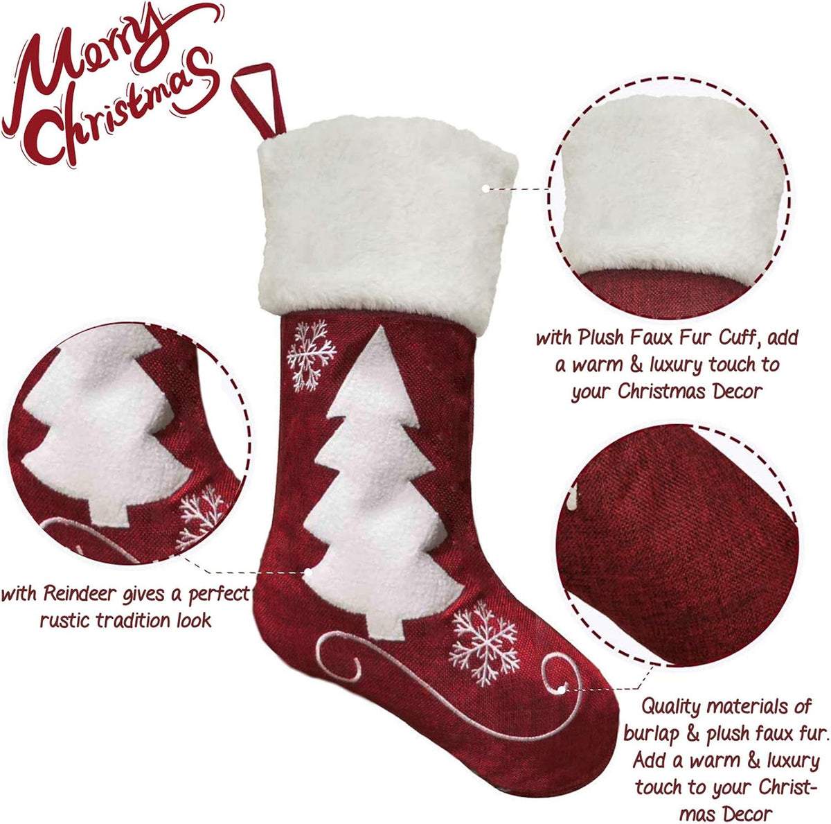 Christmas Stockings, 2 Pcs 18 Inches Christmas Stockings, Burlap with Large Plush Cuff Stockings, for Family Holiday Xmas Party Decorations (Red-Snowflake and Tree)