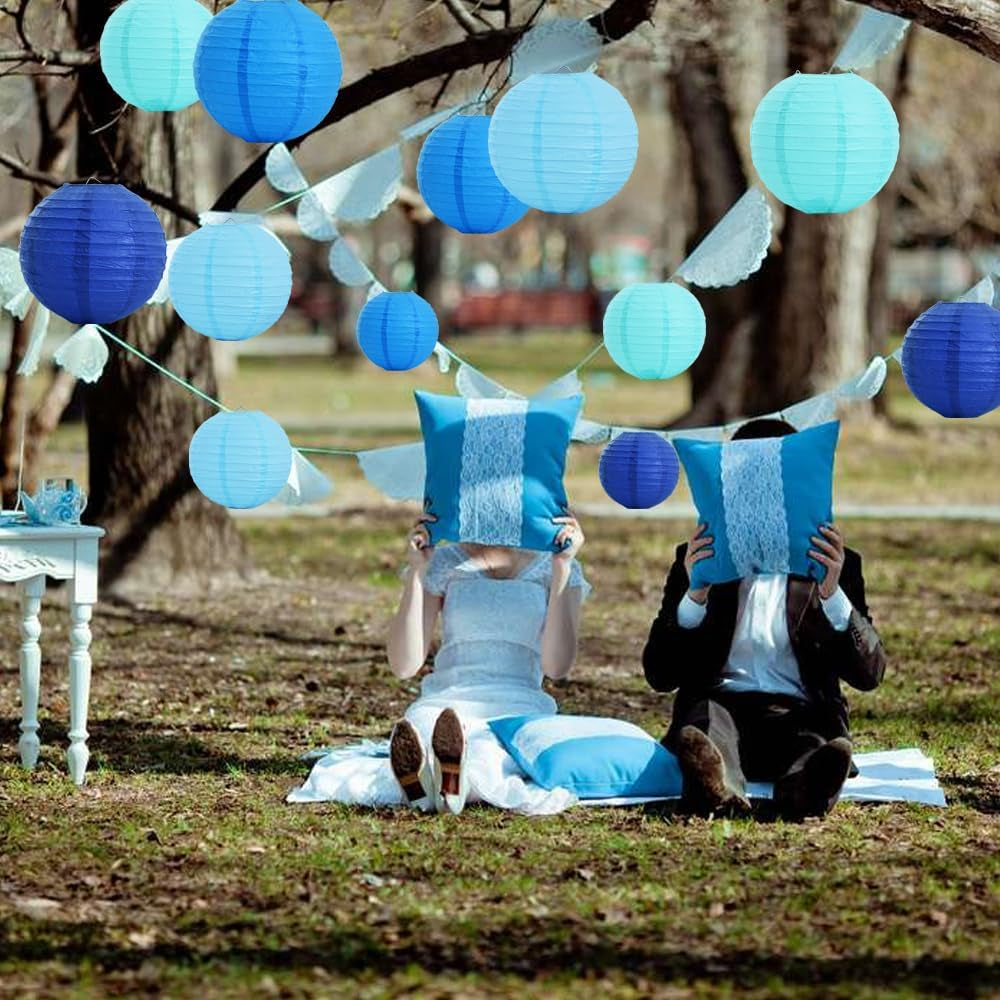 Blue Mix Paper Lanterns 16Pcs 6/8/10/12 Inch round Chinese Lamp