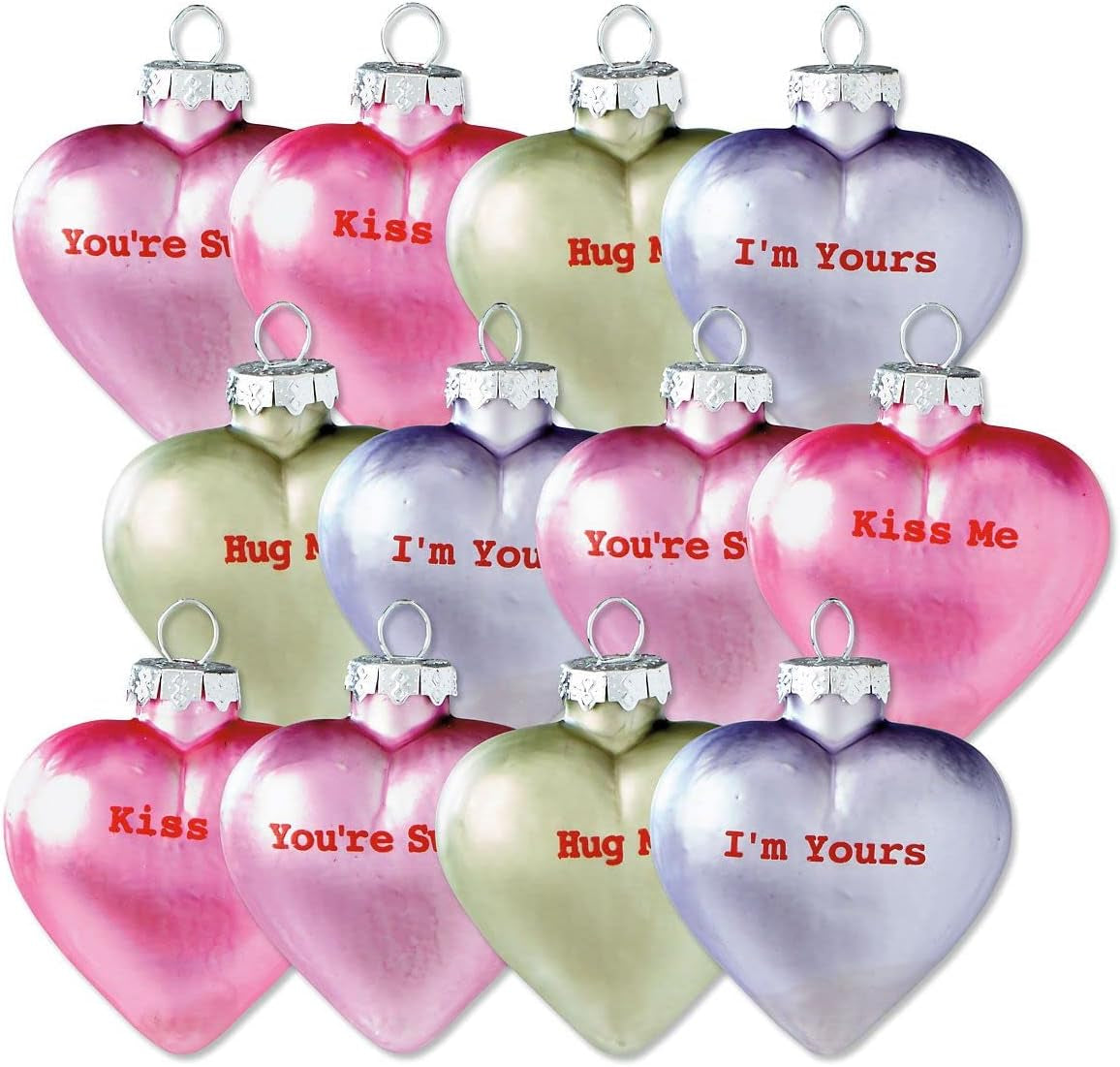 Pastel Candy Conversation Hearts Valentines Ornaments - 12-Piece Assortment, Blown Glass, Handcrafted Hanging Tree Decorations, Pastel Heart Holiday & Party Decor, 2.5 in Tall