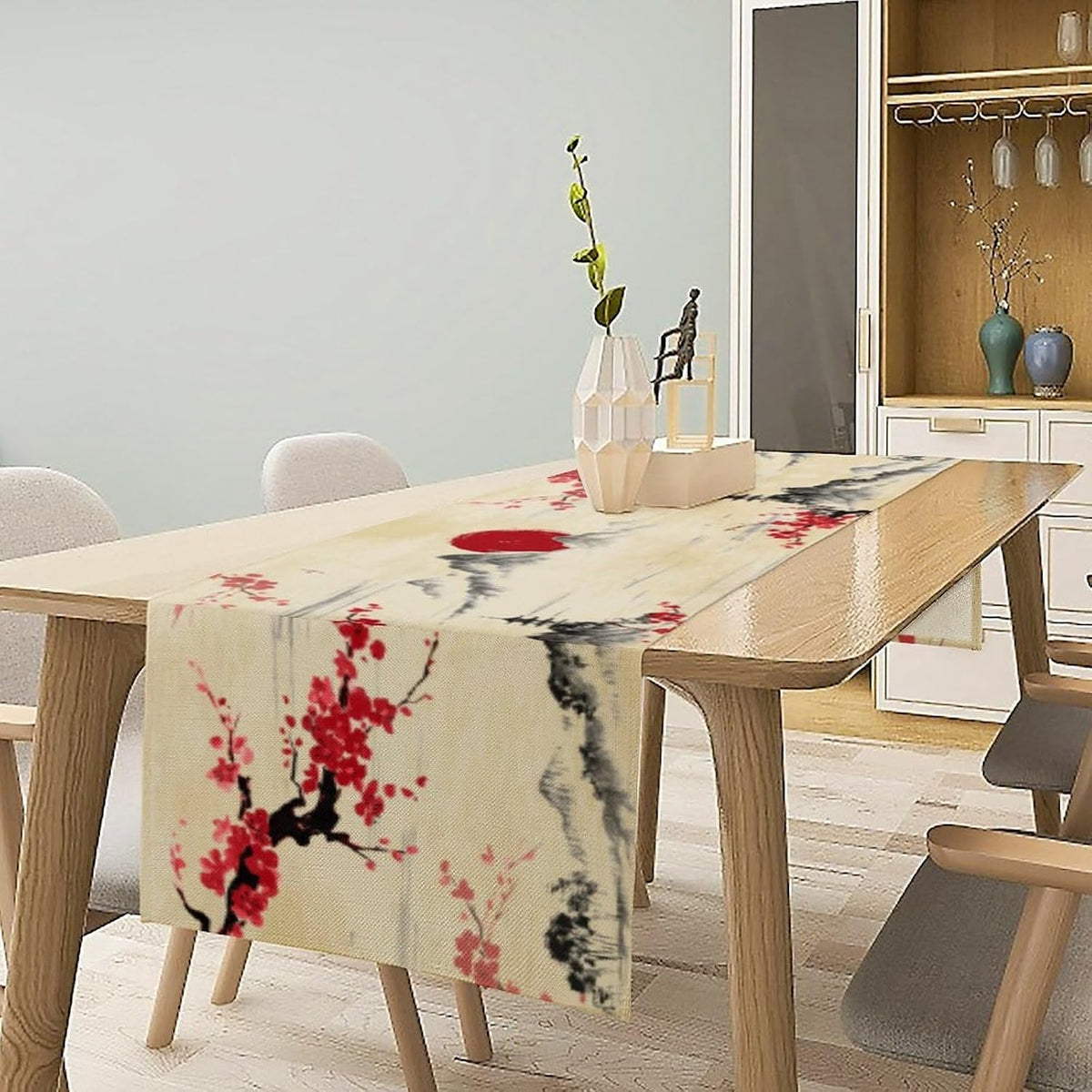 Japanese Table Runner, Cherry Blossom Asian Nature Landscape Aesthetic Kitchen Dining Table Runners for Indoor Outdoor Home Party Holiday Decor 13X36Inch