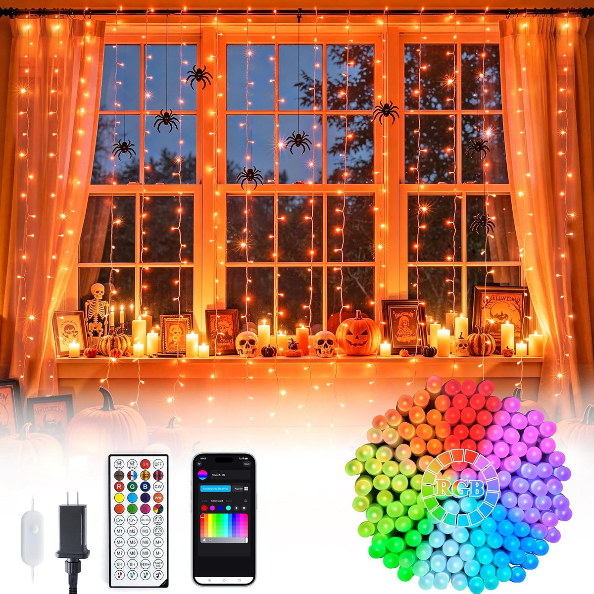 RGB Curtain Lights, 300 LED 9.8×9.8FT Color Changing String Lights