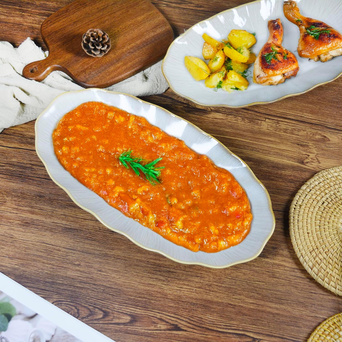 14.4 Inch Oval Serving Platter, Large Ceramic Serving Tray for Entertaining, Microwave & Dishwasher Safe, Rustic Brown Serving Dishes for Party, Turkey, Cheese, Meat, and Vegetables