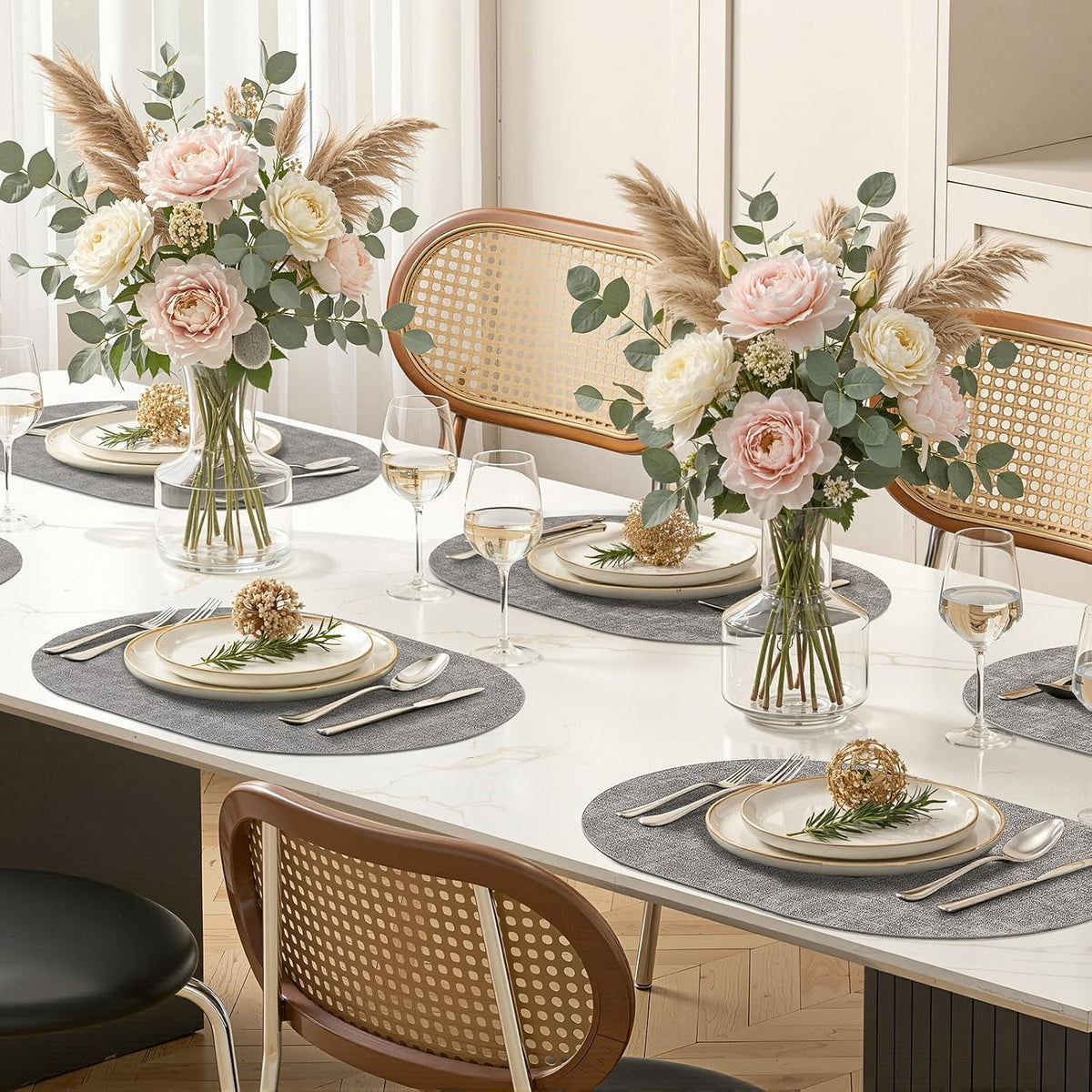 Heat Resistant Oval Placemats Set of 6, Light Grey