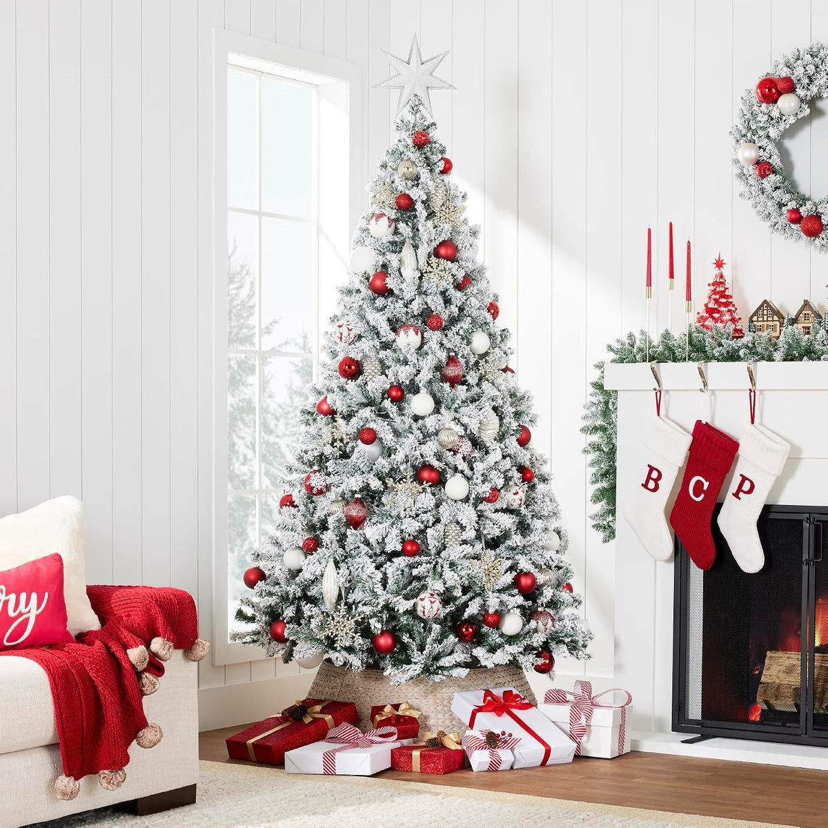 Artificial Flocked Christmas Tree, 6Ft Premium Unlit Pine Holiday Décor W/Full Branches, Metal Stand - Green